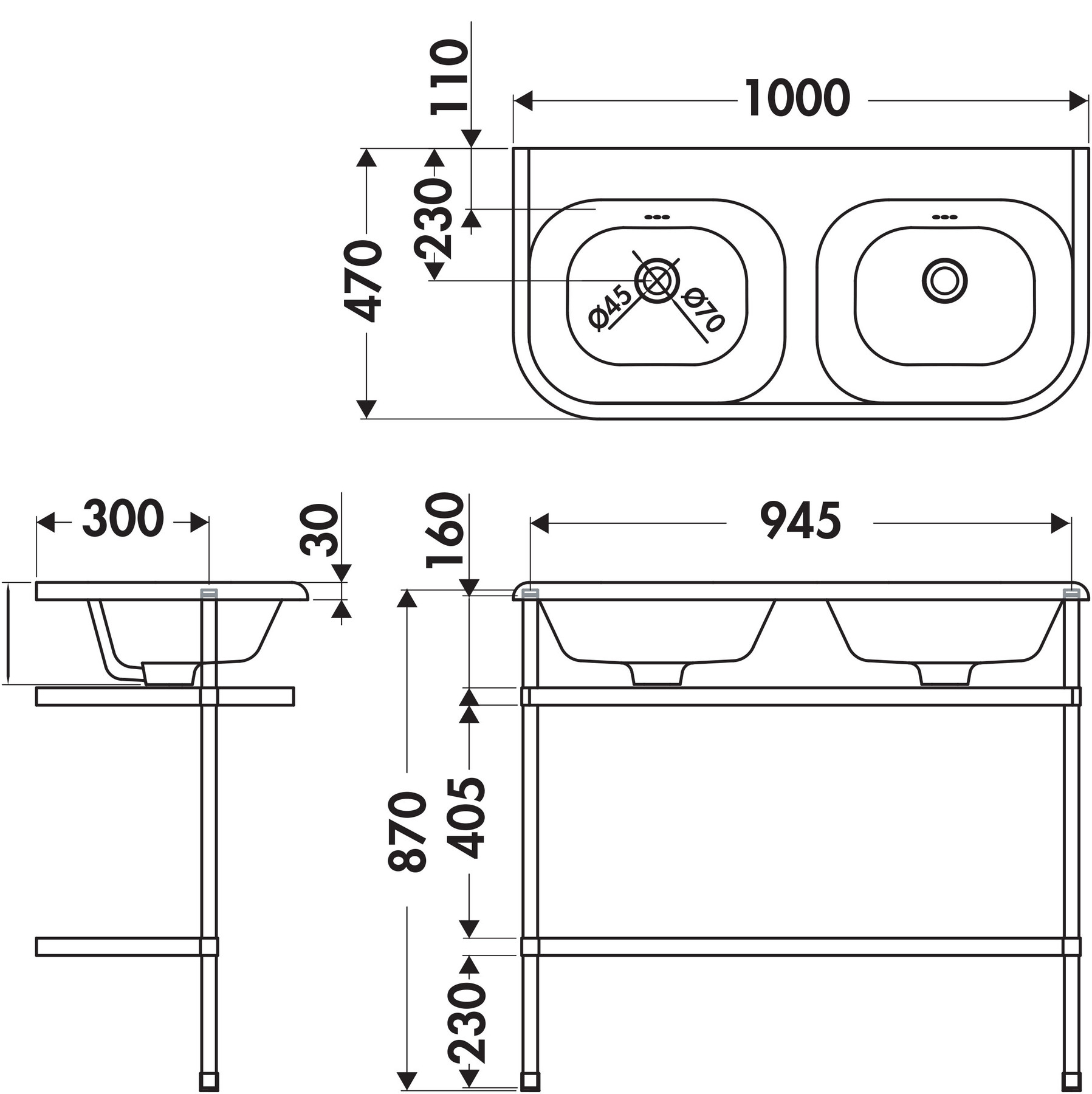 Schéma de «  Double lavabo et piètement Xtremstone  »