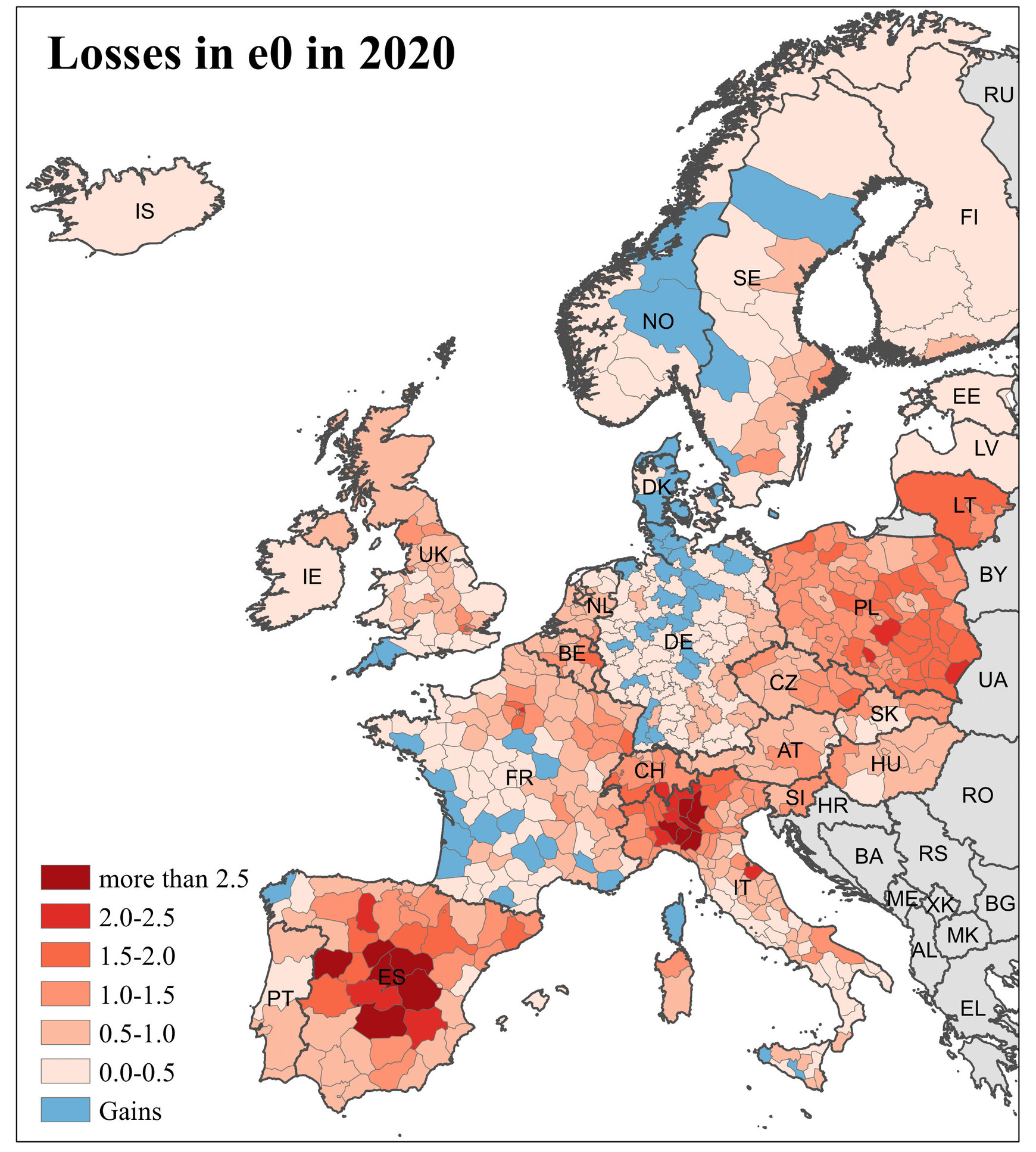 Perte d'espérance de vie en 2020, fournie par l'auteur Florian Bonnet, "Surmortalité due au Covid-19 : de très forts contrastes régionaux en Europe”