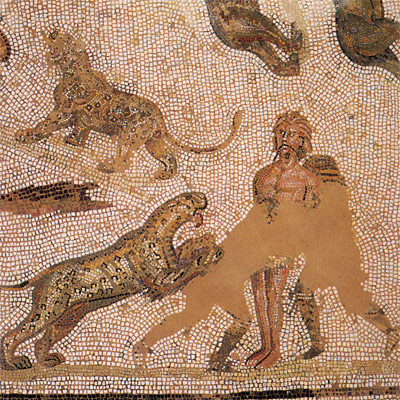 Mosaïque du IIIe siècle conservée au musée d'El Djem Tunisie) qui montre des malfaiteurs et des chrétiens offerts aux animaux sauvages dans l'arène. Quand les Romains persécutaient les Chrétiens