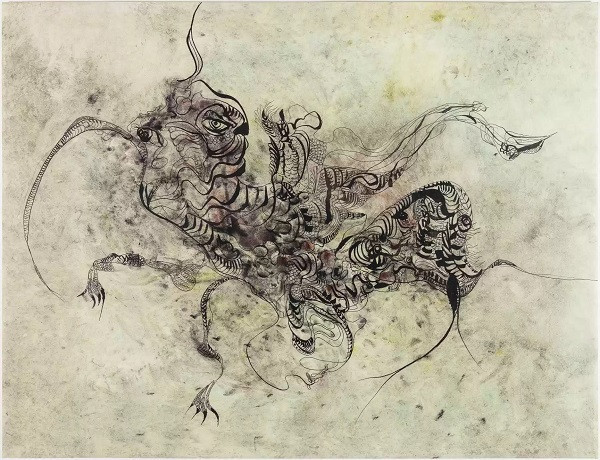 Unica Zürn, ST, vers 1965, encre de Chine et aquarelle sur papier, 50x65cm, coll. privée Paris Surréalisantes #8 - Unica Zürn