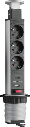 BLOC DE 3 PRISES SLEEK ENCASTR+2USB ALU
