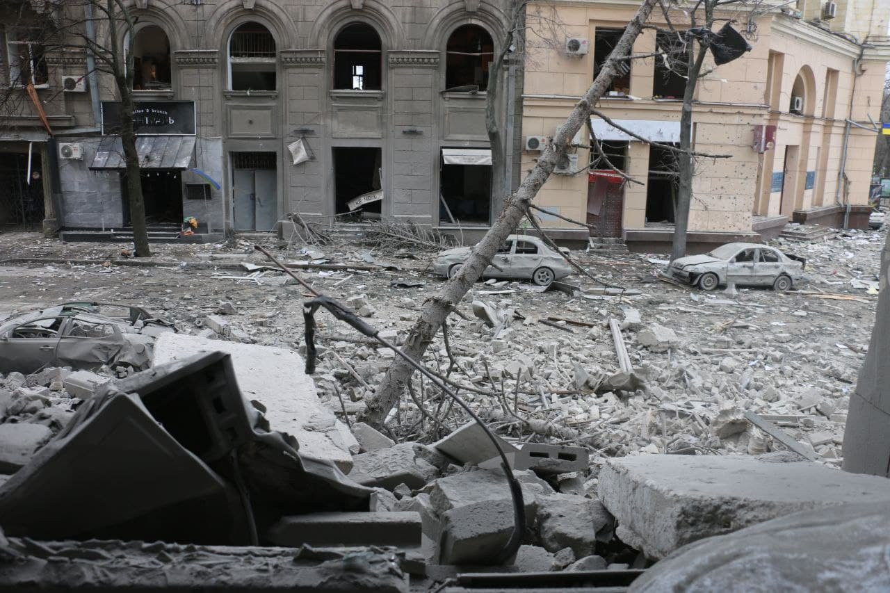 Une rue du centre-ville de Kharkiv détruite par un bombardement russe. © Ministère de l'Intérieur de l'Ukraine. Aujourd'hui en Europe - 27 mai 2024